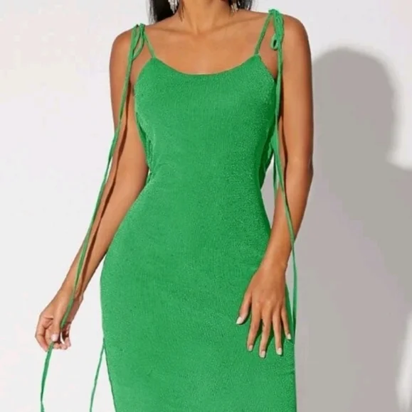 shein.Bae.Elegant Green Open Back Drawstring Shoulder Sparkly Dress Size L - Picture 9 of 12